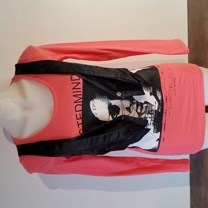 Ciell Blell coral pink screen print top with vest & chain